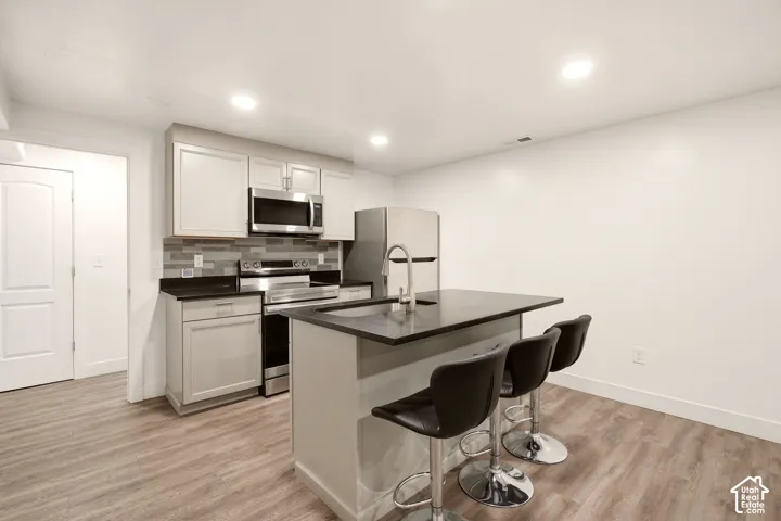 Kitchen featuring wood-finish flooring, light grey cabinetry, stainless steel appliances, a tile backsplash, and an island with an integrated sink