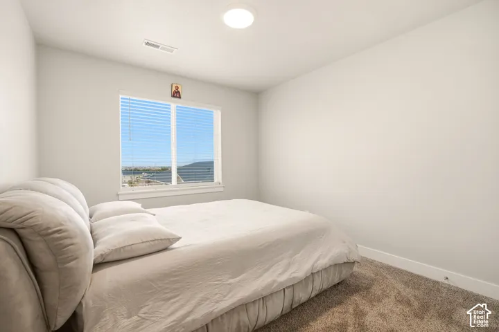 Carpeted flooring with a window featuring horizontal blinds