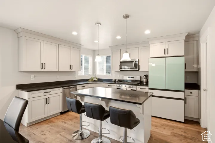 Modern kitchen featuring light cabinetry, dark countertops, a central island, stainless steel appliances, and wood-finish flooring