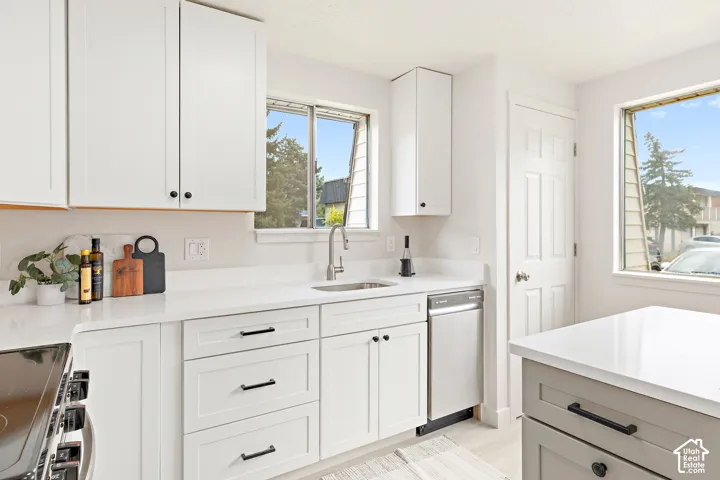 White shaker cabinetry with black hardware, white countertops, stainless steel sink with gooseneck faucet, light-toned wood-finish flooring, and white paneled door