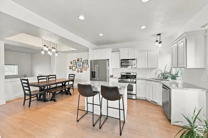 Open concept kitchen featuring stainless steel appliances, white cabinetry, a center island with counter seating, and wood-finish flooring