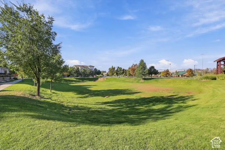 Expansive green space featuring a sloped lawn and mature trees
