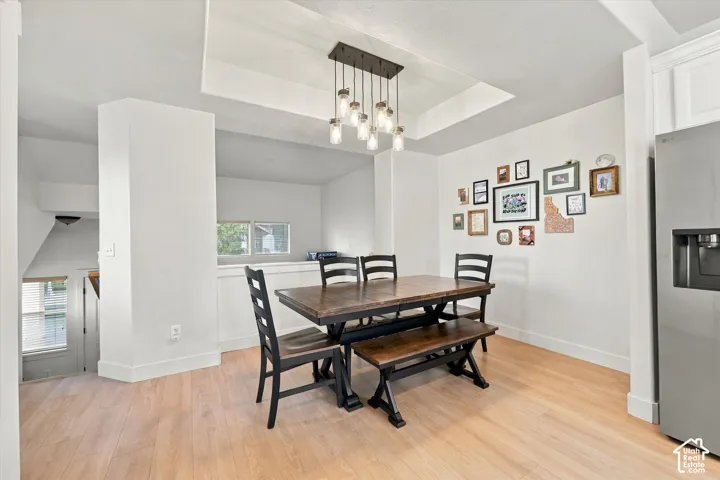 Recessed tray ceiling with suspended linear light fixture, wood-finish flooring, and white walls