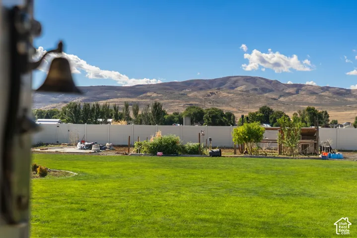 Expansive green lawn with a white privacy fence