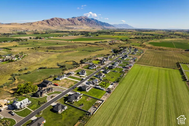 Expansive agricultural fields, mountain backdrop, residential development, paved roadways, and clear skies