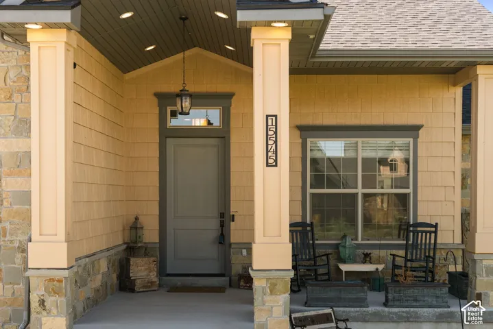 Stone veneer and shingle siding exterior