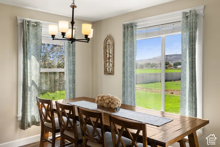Dual windows with white trim, a multi-light pendant fixture, and wood-finish flooring
