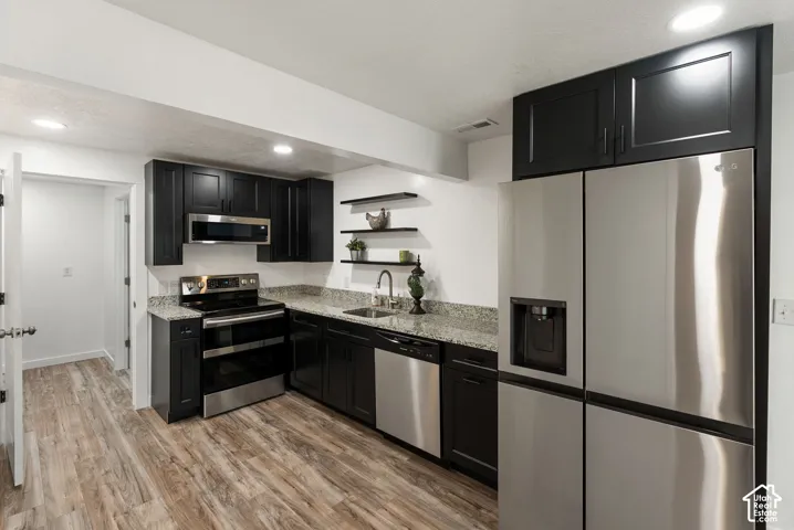 Modern kitchen featuring black cabinetry, stainless steel appliances, speckled countertops, and wood-finish flooring