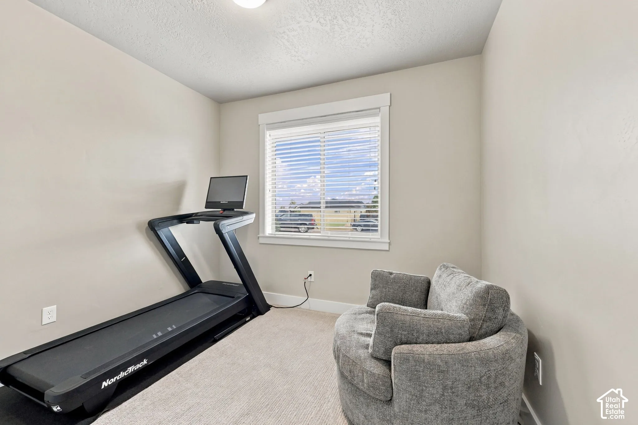 Recessed ceiling light, neutral wall paint, carpet flooring, and window with blinds
