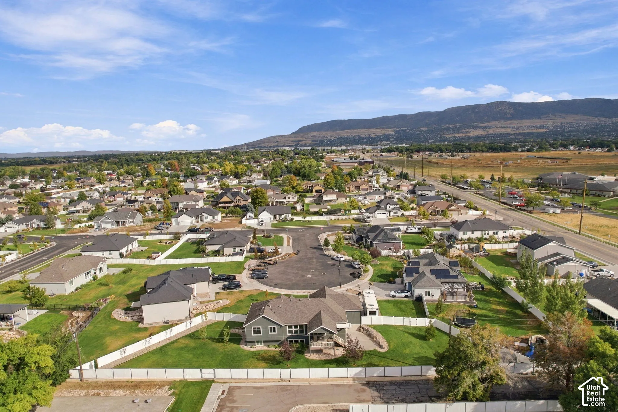 Residential neighborhood with mature trees and mountain scenery