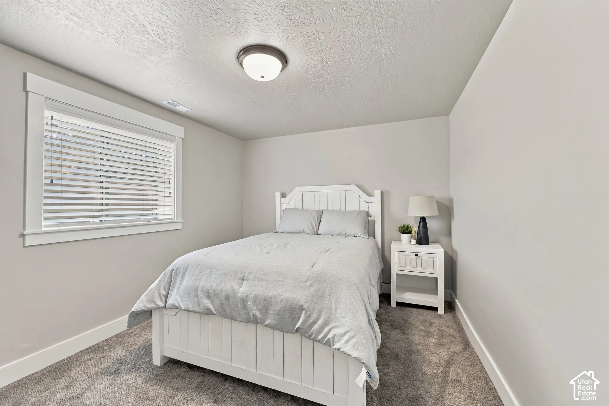 Neutral wall paint, textured ceiling, window with blinds, carpeted flooring, and a flush mount ceiling light