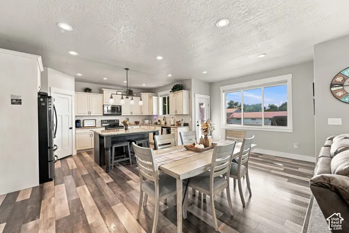 Open-concept living space with wood-finish flooring, recessed lighting, and a well-appointed kitchen featuring light-colored cabinetry, a center island with seating, and stainless steel appliances