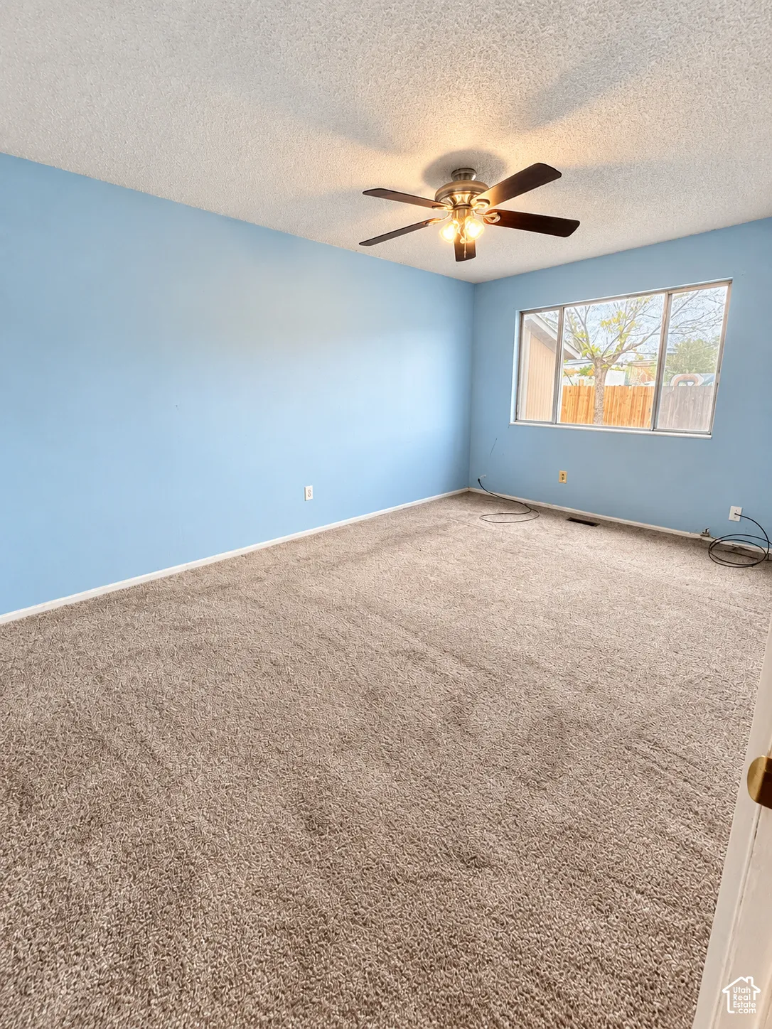 Expansive room featuring light blue walls, brown carpet, and a ceiling fan with integrated lighting