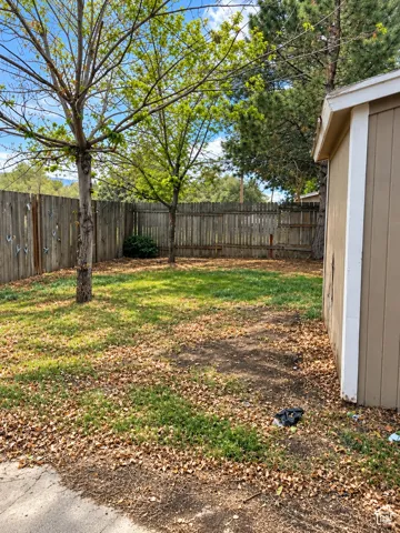 Fenced yard with mature trees and a detached shed structure