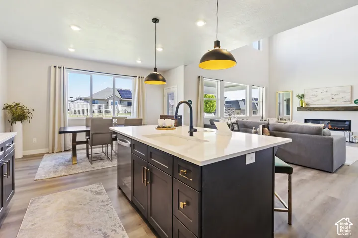 Open concept living space featuring a kitchen island with sink, stainless steel appliances, wood-finish flooring, and a fireplace with a mantel