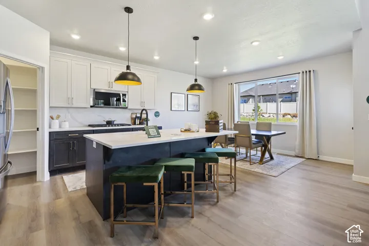 Kitchen featuring wood-finish flooring, a central island with countertop seating, stainless steel appliances, and a pantry with built-in shelving