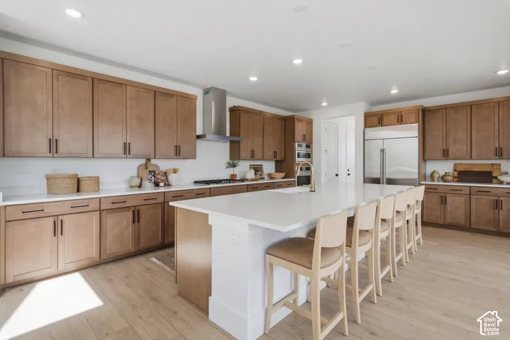 Spacious kitchen featuring an expansive central island, light wood-finish flooring, ample cabinetry with dark hardware, recessed lighting, and stainless steel appliances