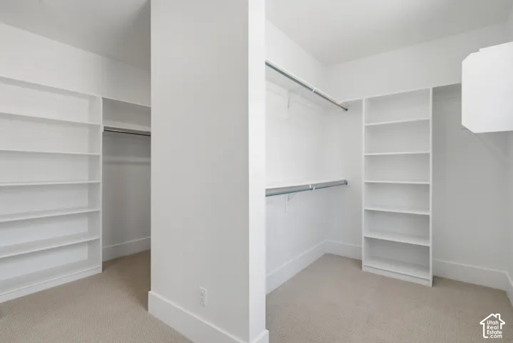Built-in shelving, hanging rods, and neutral carpeting