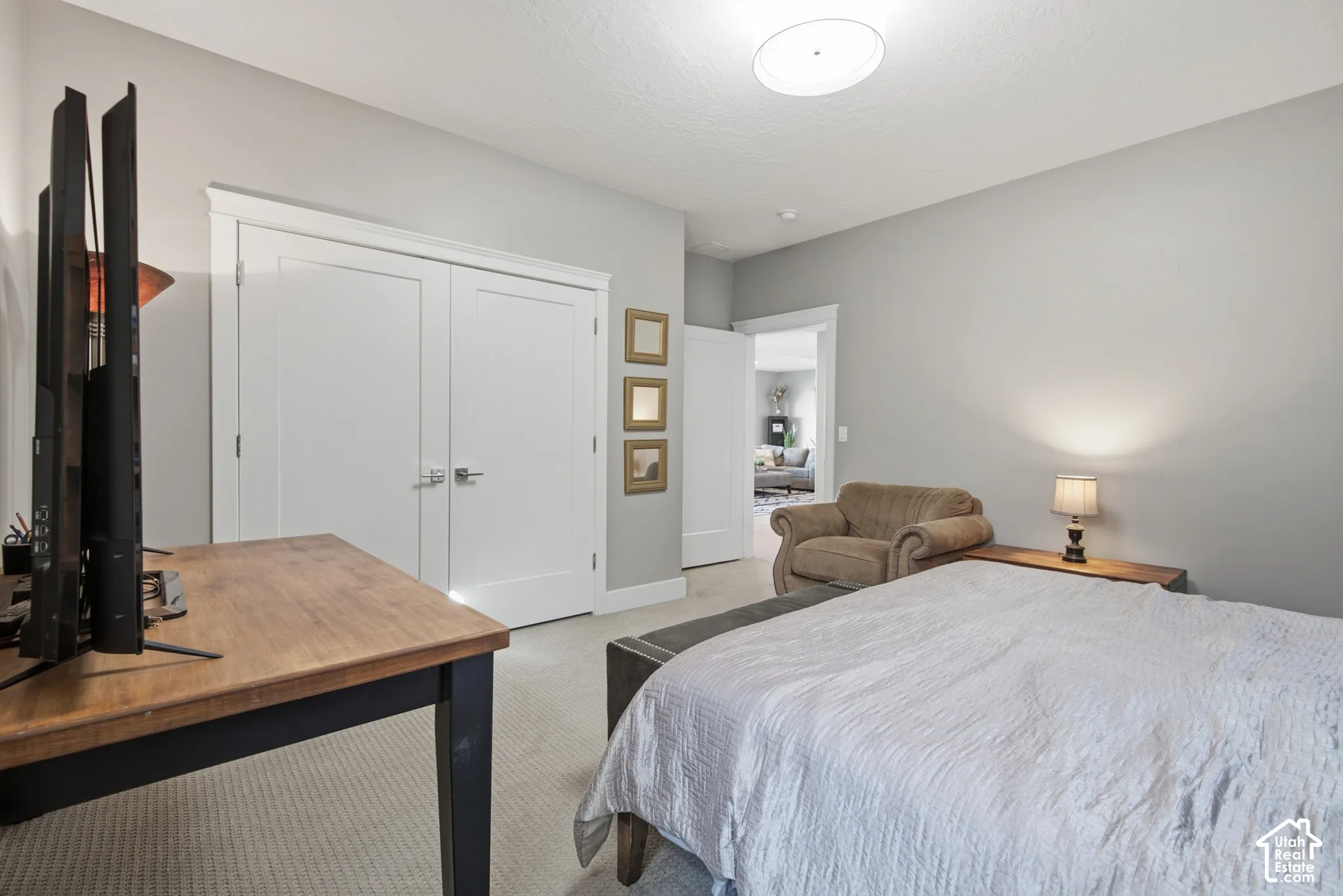 Neutral tone wall paint, flush-mount ceiling light, white trim, and double closet doors with brushed nickel hardware