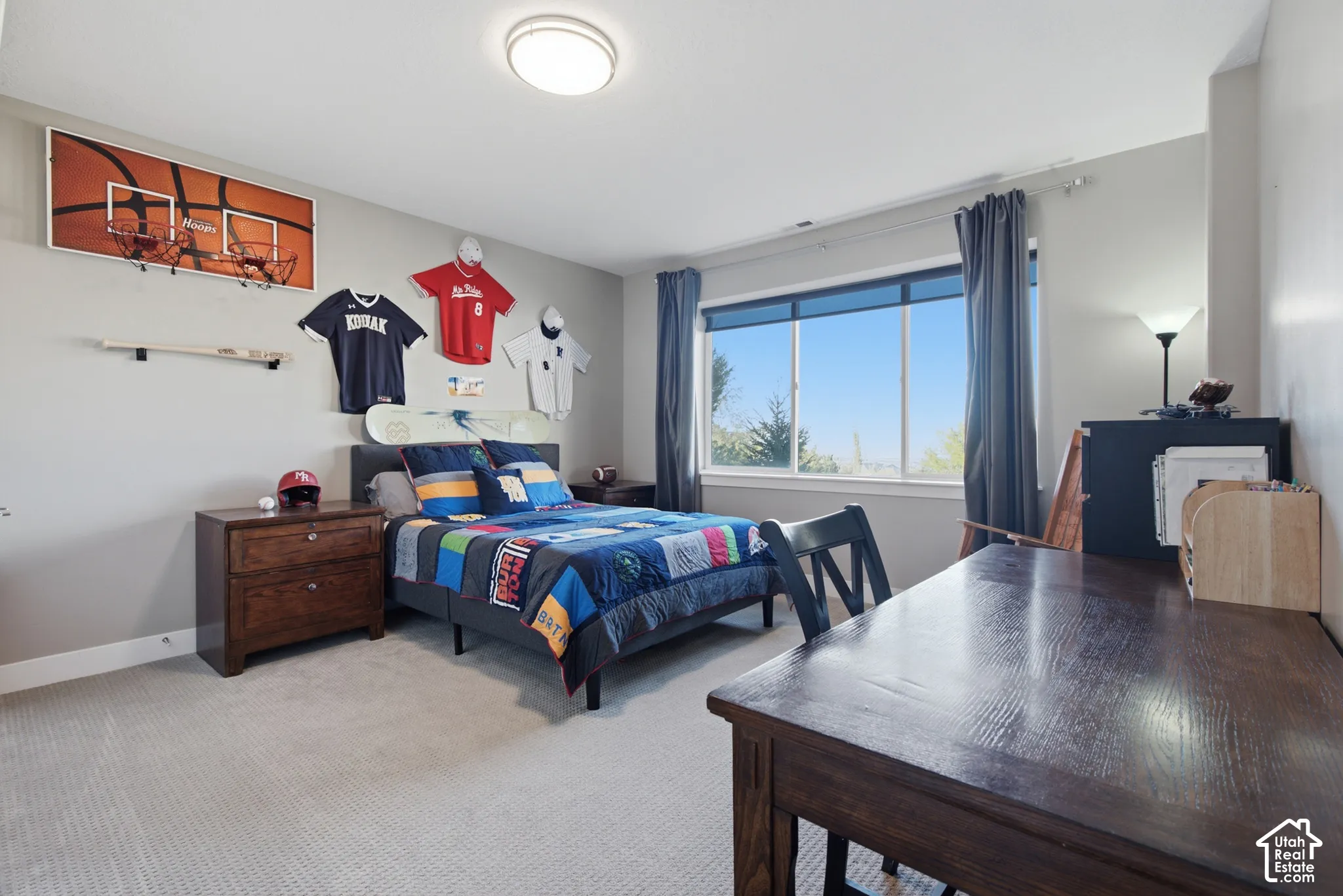 Carpeted flooring, window with natural light, ceiling-mounted light fixture, and neutral wall tones