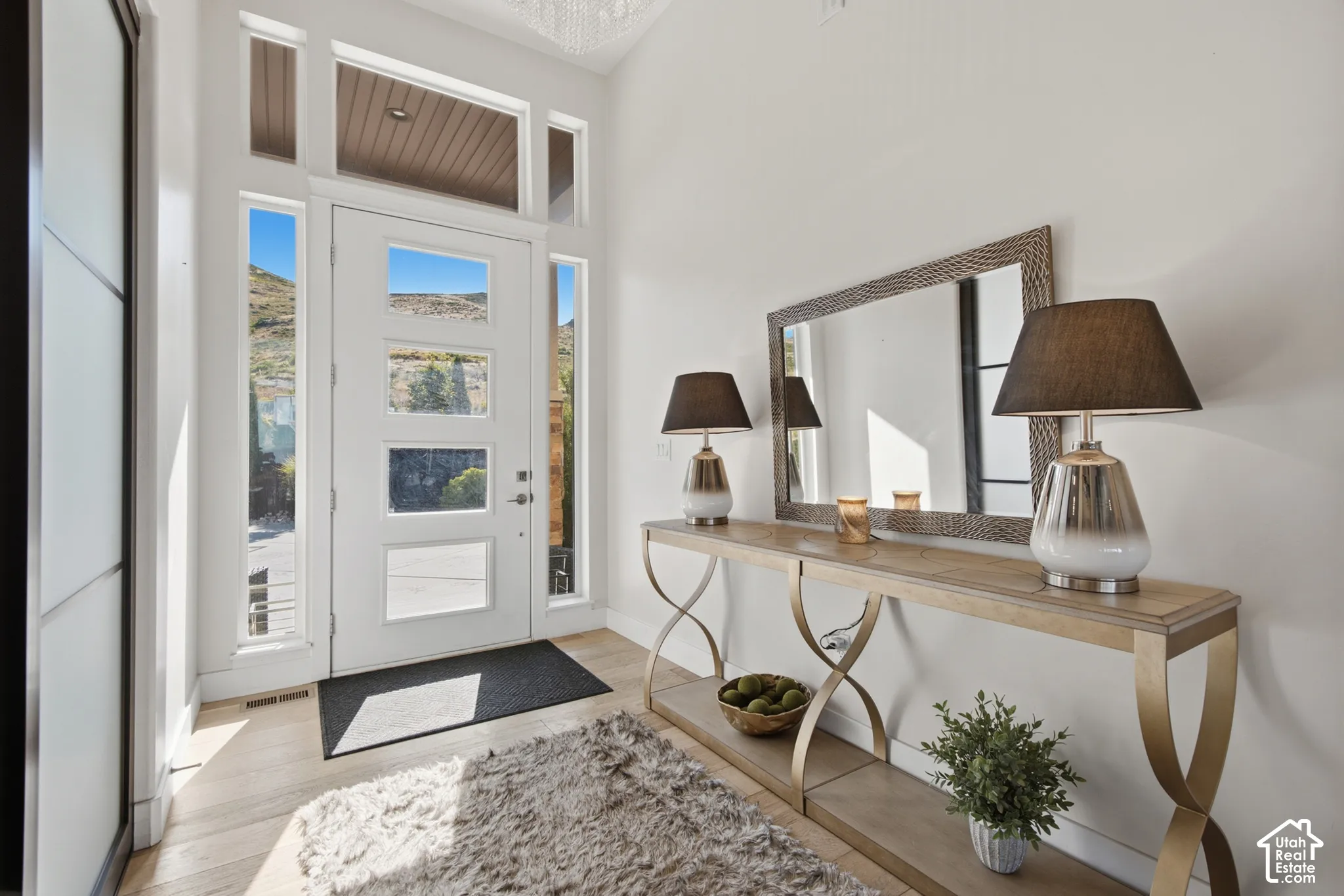 Entryway featuring a contemporary front door with multiple glass panes, side-light windows, and transom windows