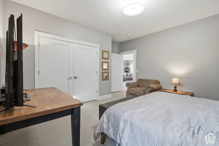 Neutral tone wall paint, flush-mount ceiling light, white trim, and double closet doors with brushed nickel hardware