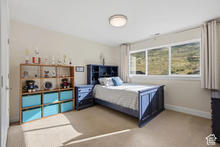Wall-to-wall carpeting, white trim, and a large window with a natural backdrop