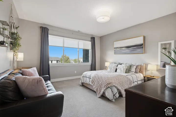 Spacious room featuring broad windows with roller shades, neutral tone carpeting, and a flush mount ceiling light fixture