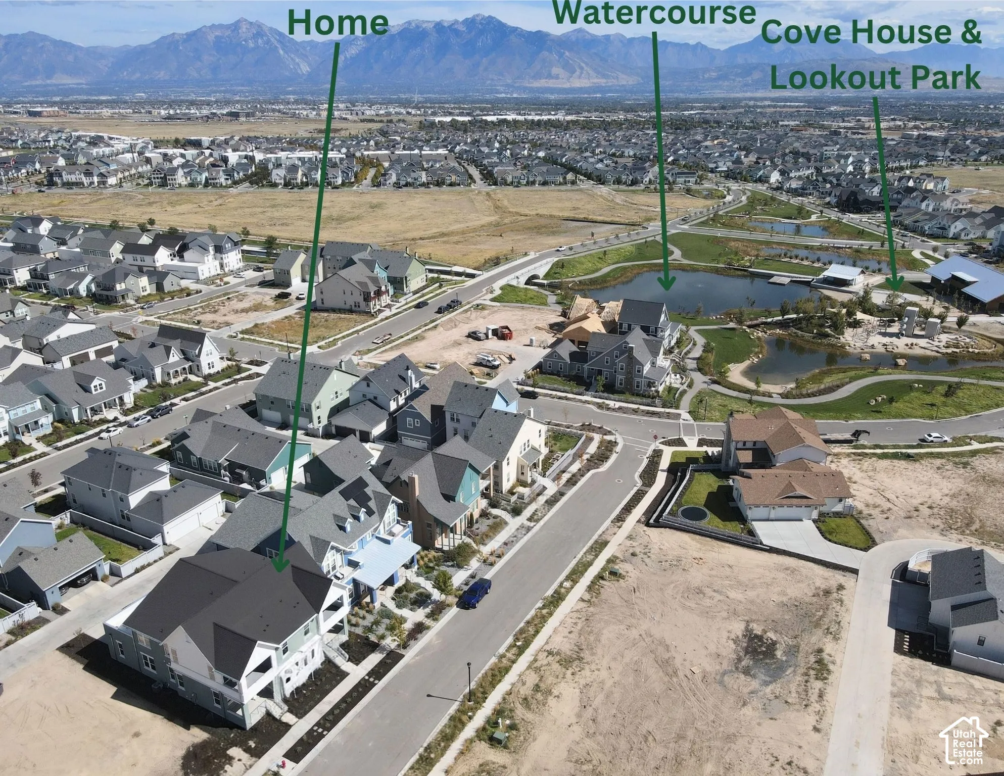 Aerial perspective showcasing a residential community with varied architectural styles, a prominent watercourse, and a designated Cove House & Lookout Park