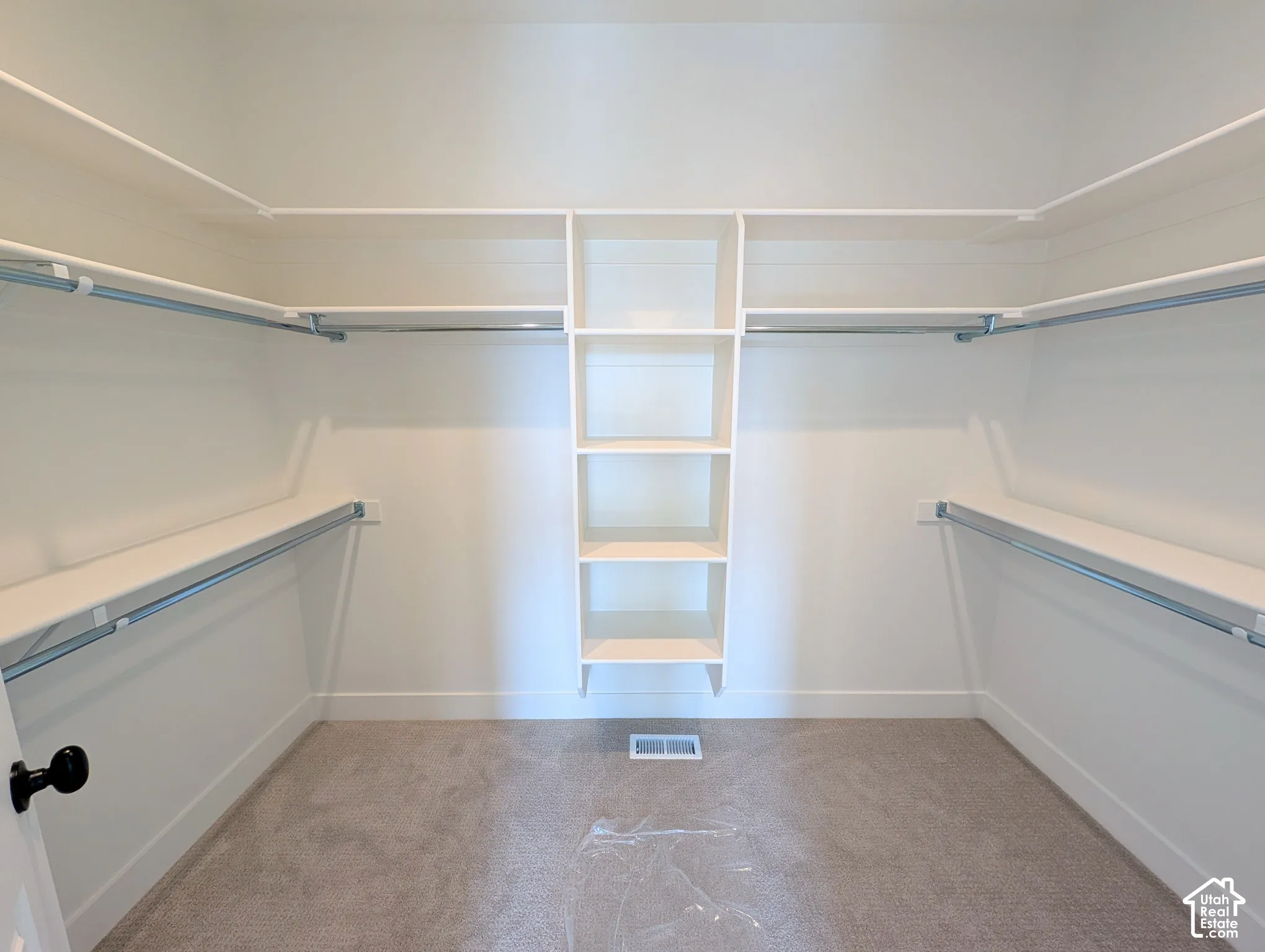 Walk-in closet with carpet flooring, built-in shelving, and hanging rods