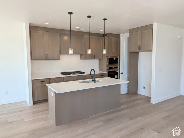 Kitchen featuring light wood-finish flooring, white countertops, built-in stainless steel appliances, a center island with sink, and pendant lighting