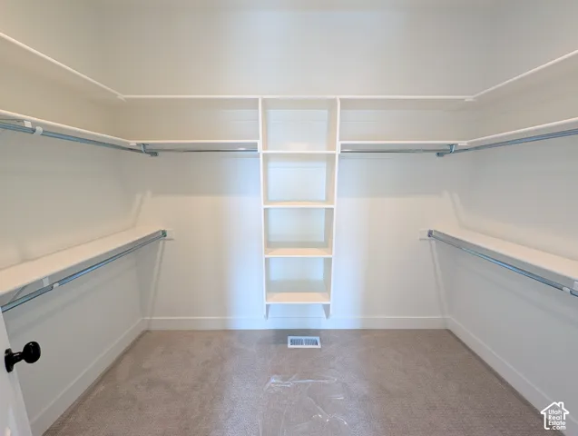 Walk-in closet with carpet flooring, built-in shelving, and hanging rods
