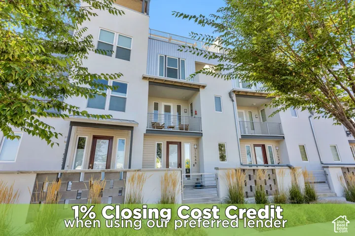 Contemporary exterior design with stucco and corrugated metal siding, multiple private balconies with metal railings, and integrated entryways with sidelight windows