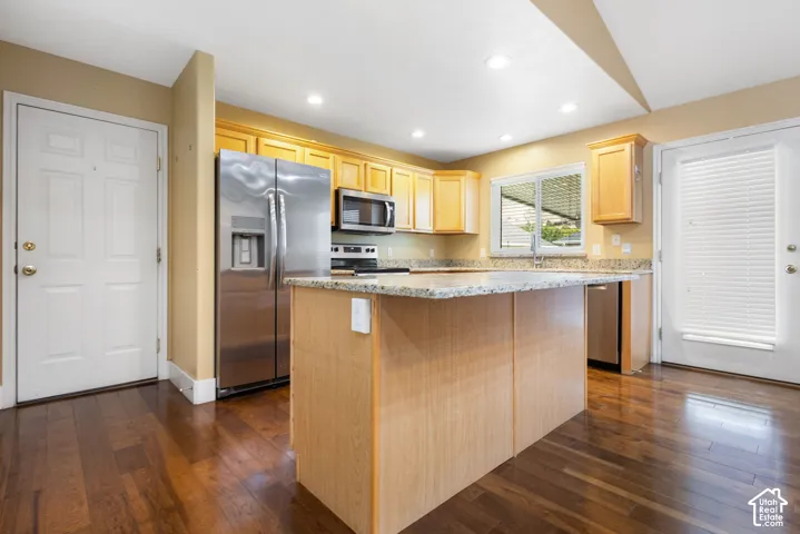 Kitchen featuring wood-finish flooring, recessed lighting, wood cabinetry, stone countertops, and stainless steel appliances
