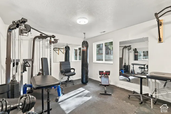 Dedicated fitness space featuring a full wall mirror, two windows, and resilient flooring