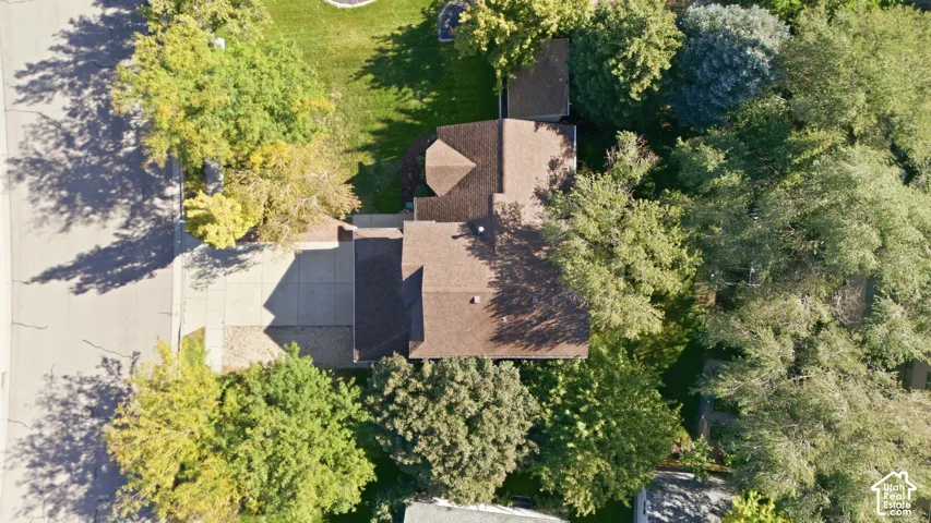 Gable roofline, asphalt shingle roofing, paved driveway, mature trees, and green lawn