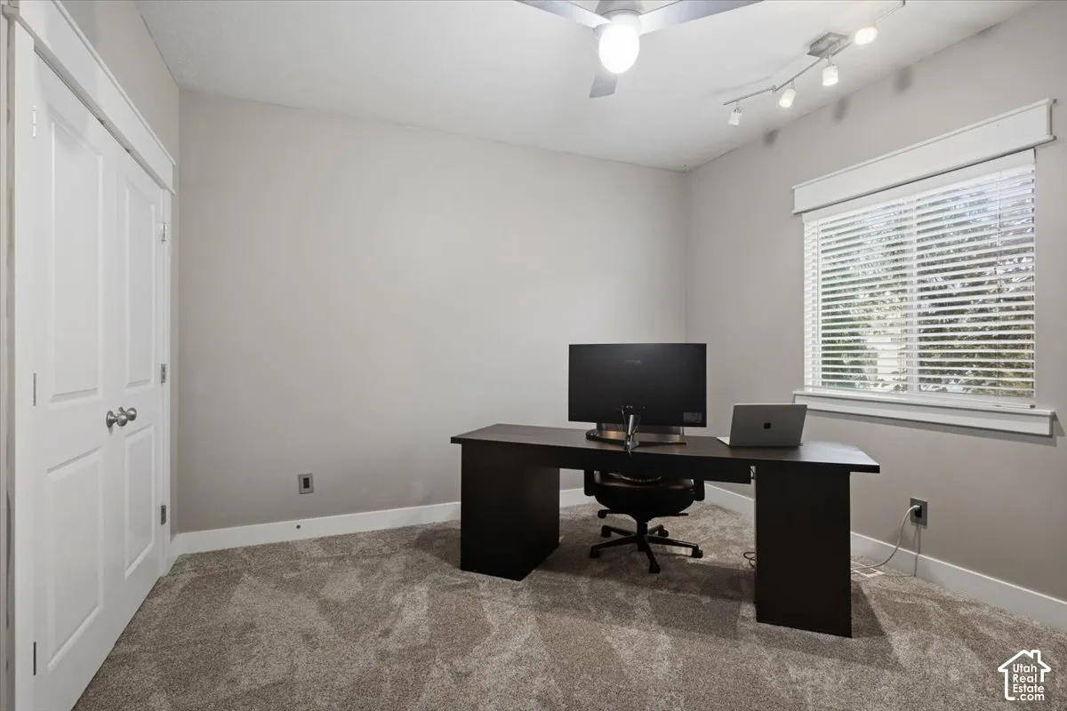 Neutral wall color, ceiling fan, track lighting, window with blinds, and carpeted flooring