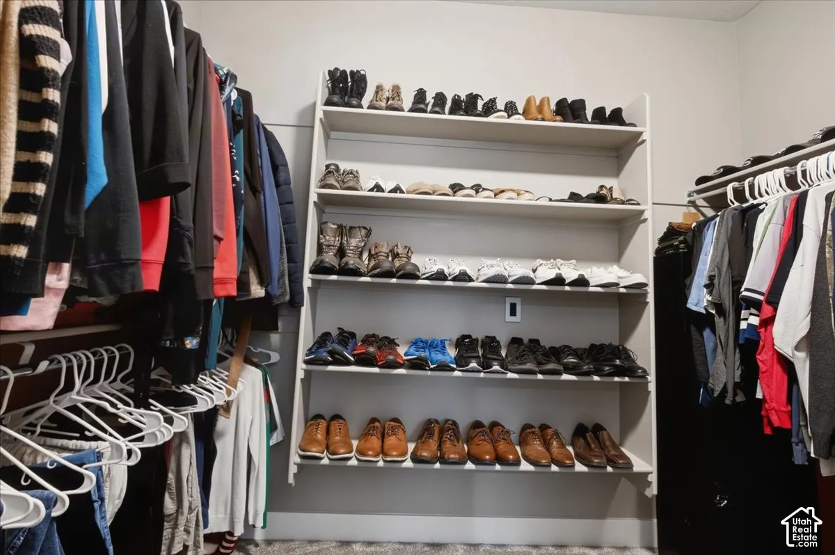 Built-in shelving, multiple clothing rods, and wall-mounted storage solutions