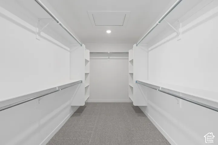 Walk-in closet with carpet flooring, recessed lighting, white built-in shelving, and metal hanging rods