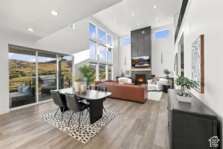 Expansive open-concept living area with soaring ceilings and wood-finish flooring