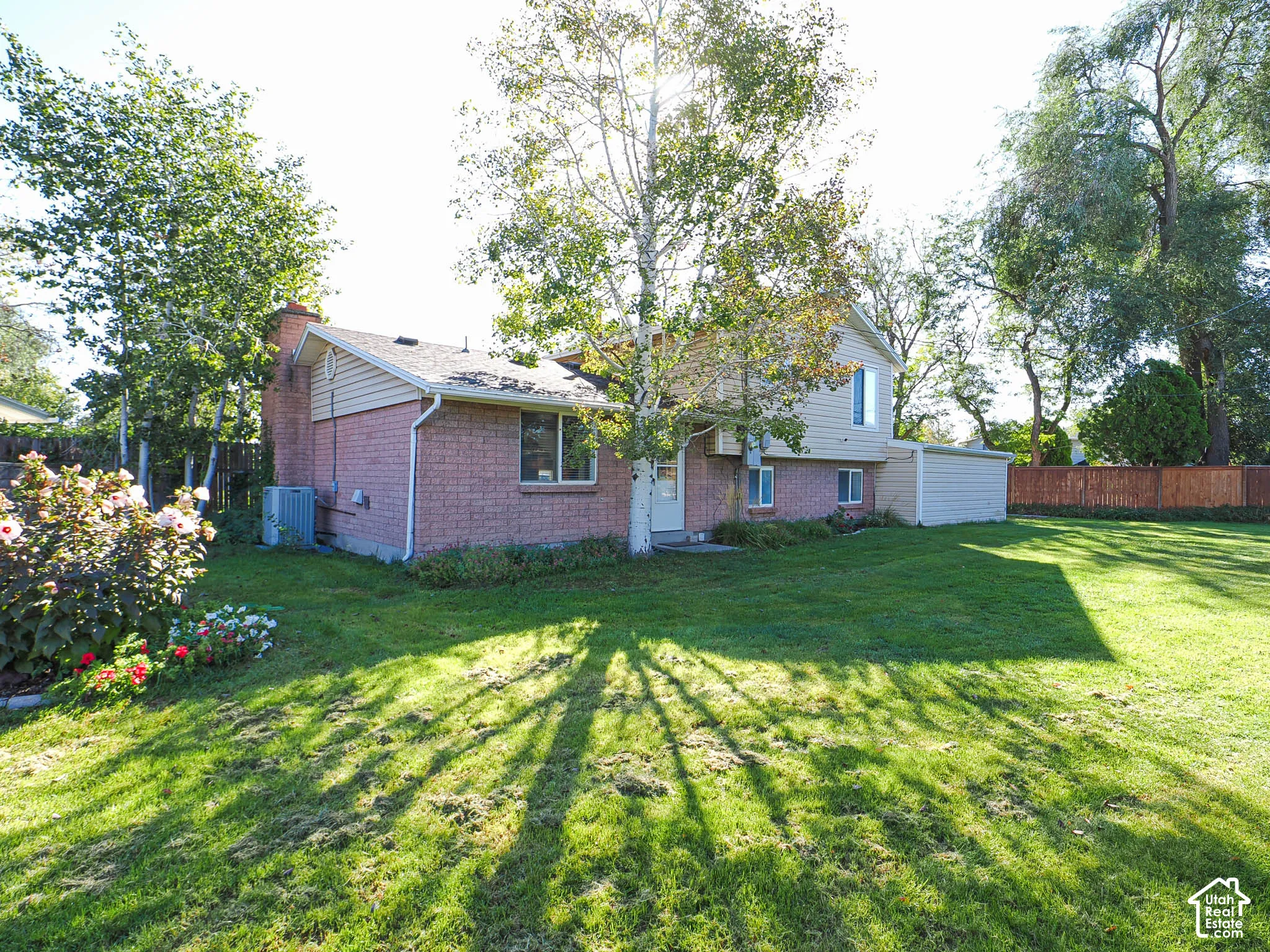 Rear Yard:  Expansive green lawn with mature trees and a privacy fence