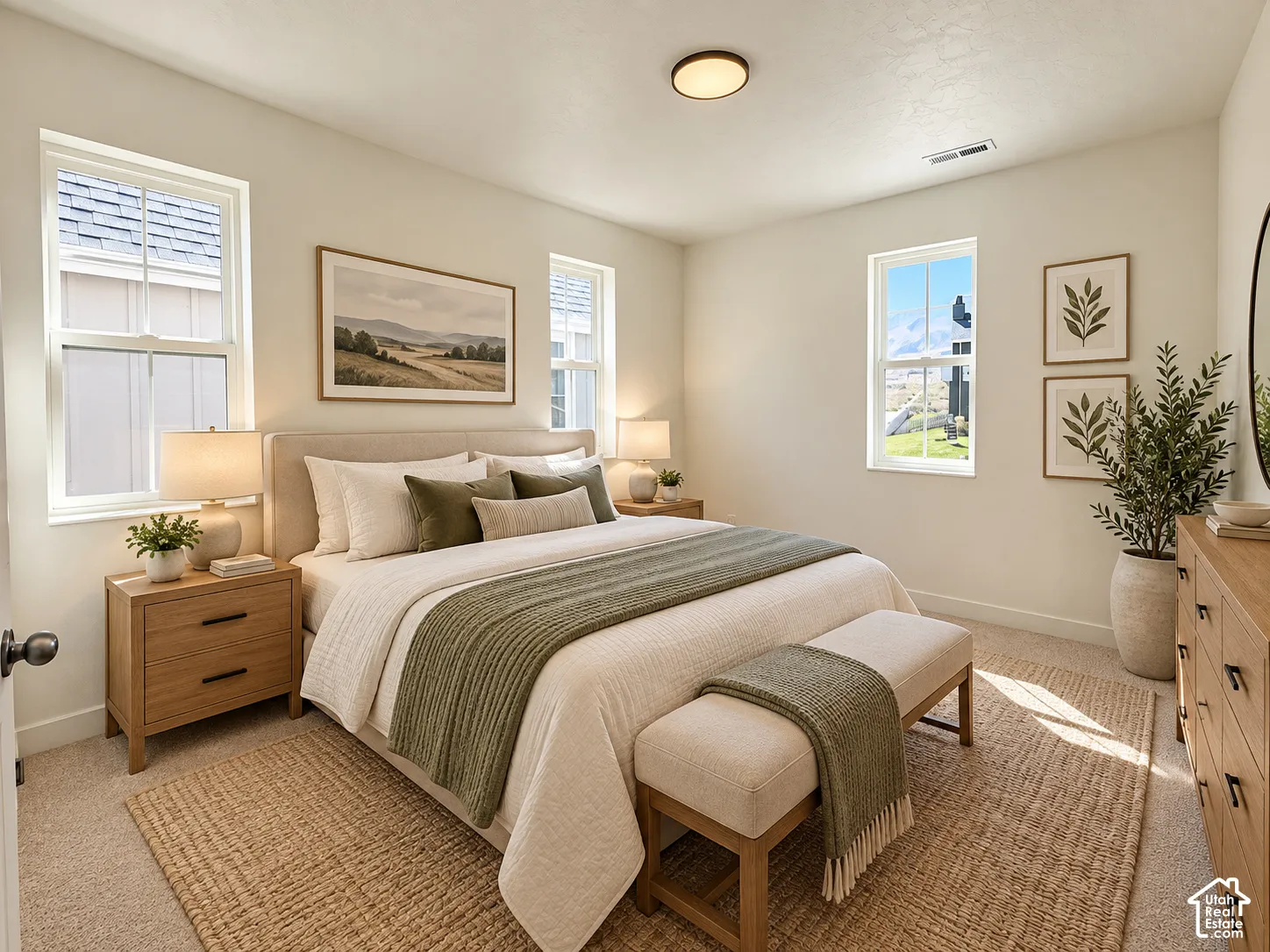 Neutral wall paint, plush carpet flooring, recessed ceiling light fixture, white window frames, and a solid door with dark hardware