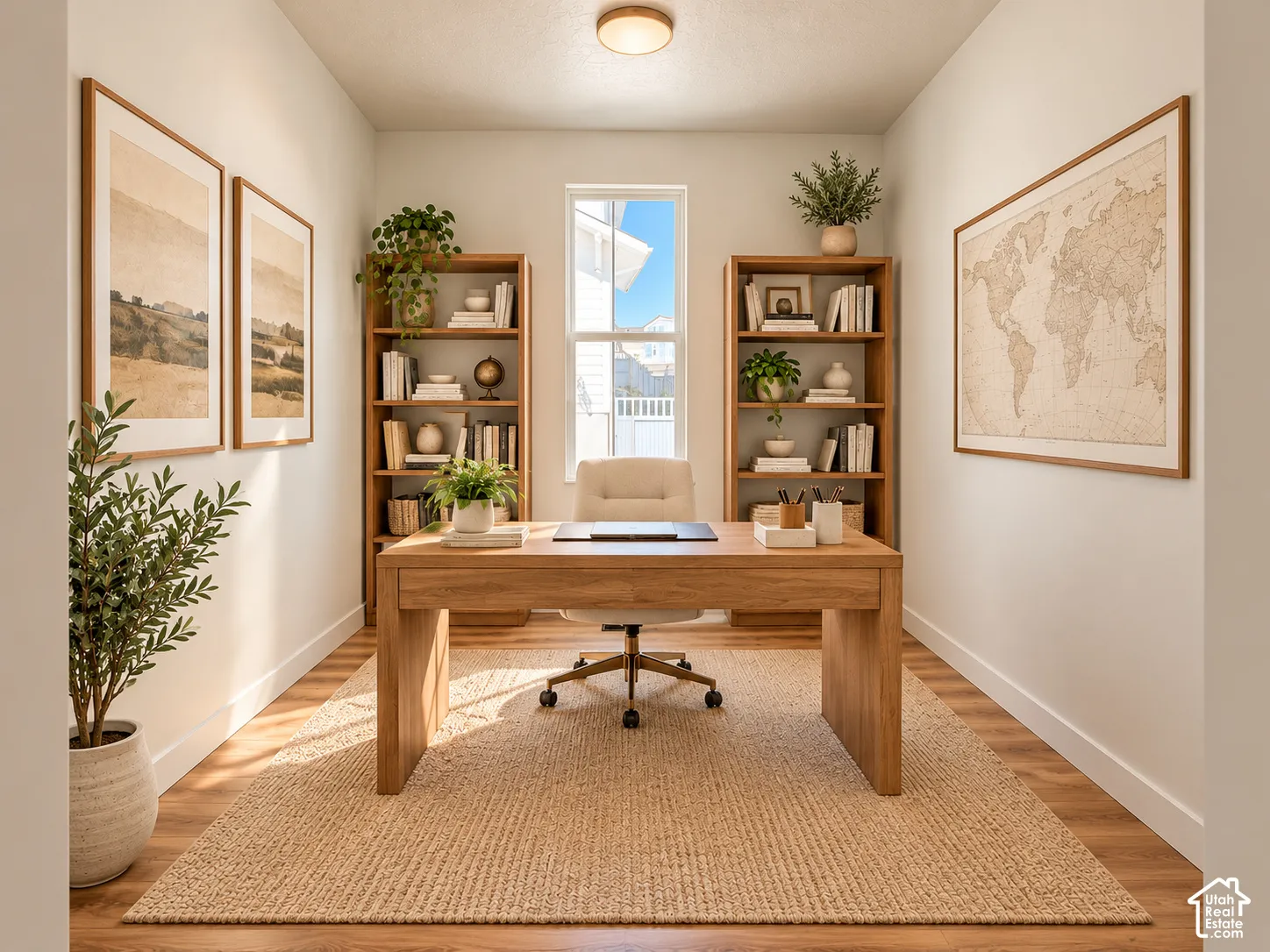 Wood-finish flooring, recessed lighting, built-in shelving, and a prominent window
