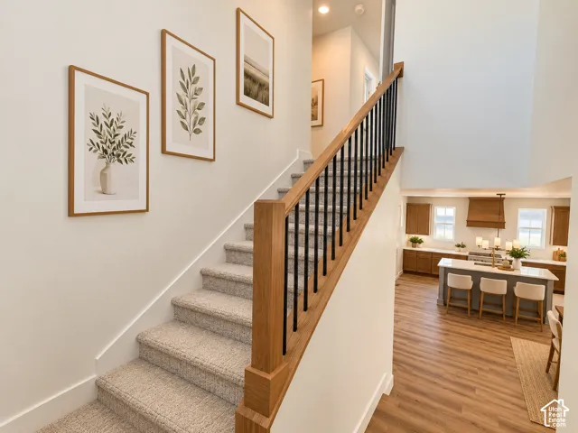 Staircase featuring wood railings and black balusters, carpeted steps, and light-toned wall finishes