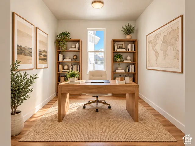 Wood-finish flooring, recessed lighting, built-in shelving, and a prominent window