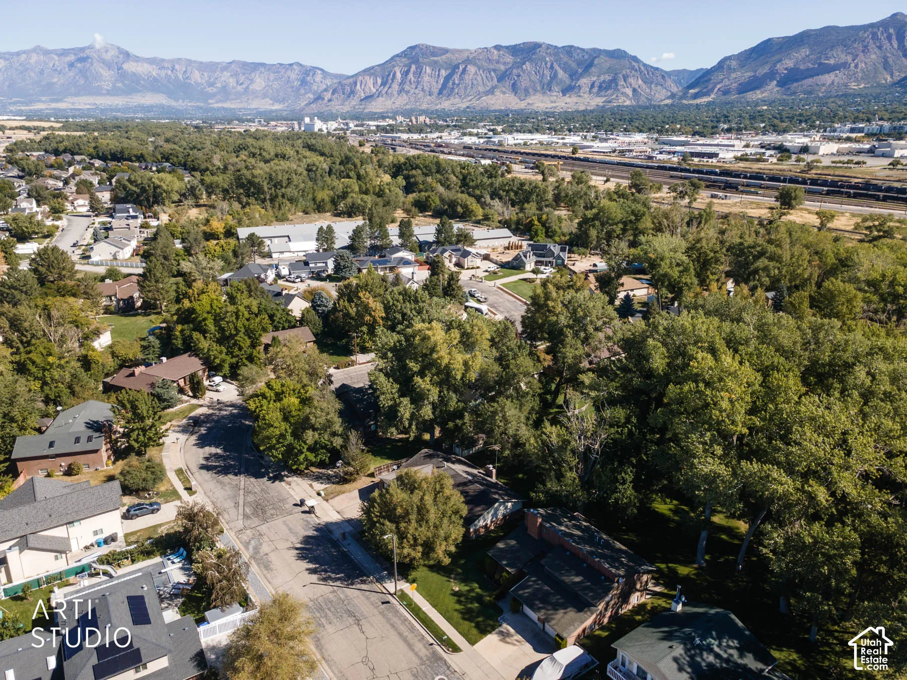 Residential neighborhood with mature trees, mountain backdrop, and distant commercial structures