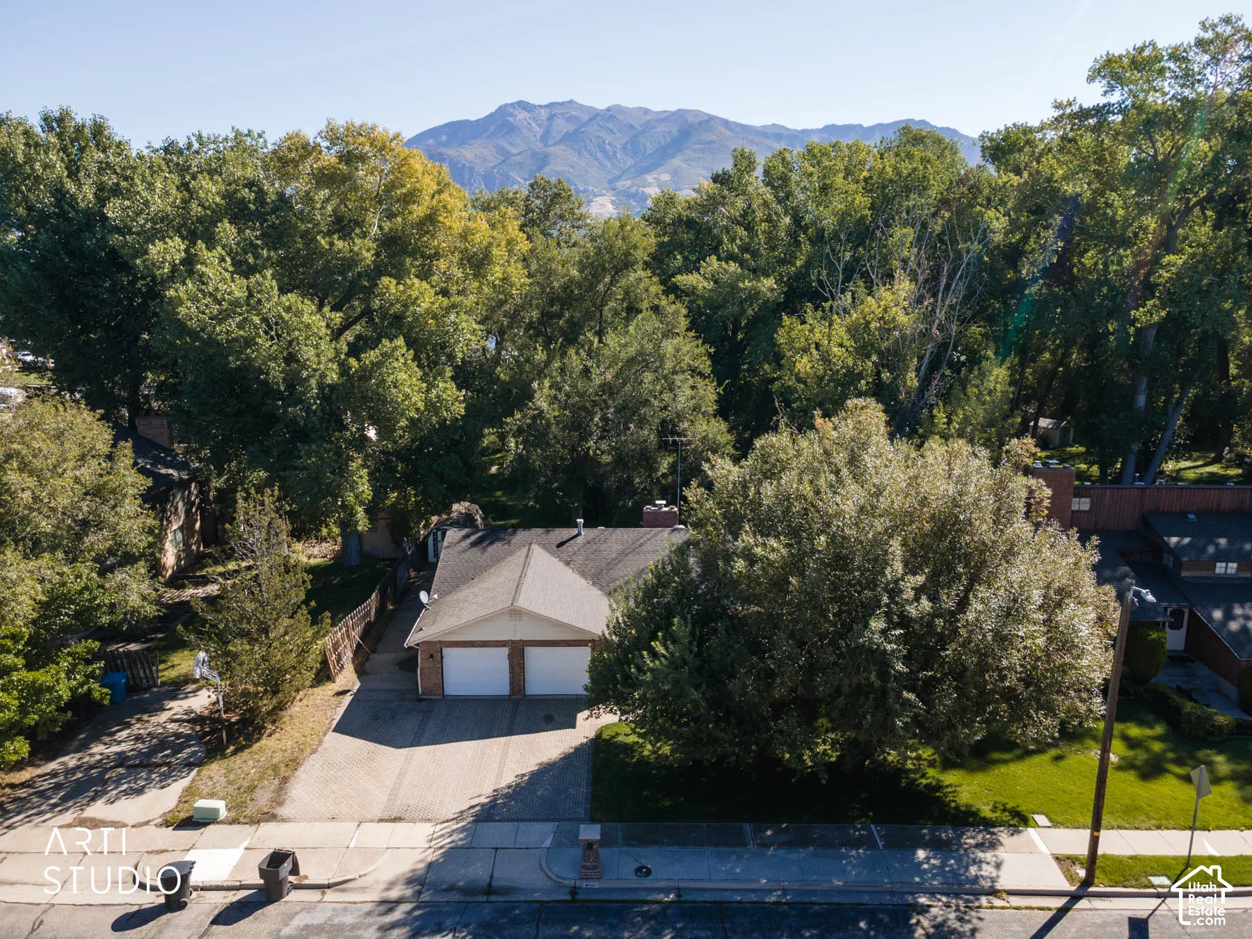 Mountain backdrop, mature trees, two-car garage, pitched roofline, paved driveway
