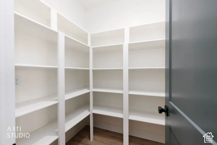 Walk-in pantry featuring extensive built-in shelving
