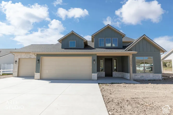 Front view exterior with 3-car garage