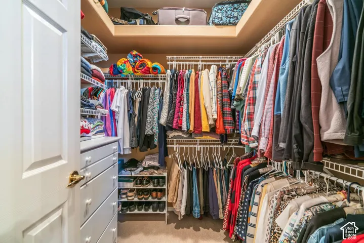 Walk-in closet with built-in shelving, hanging rods, and integrated drawer storage